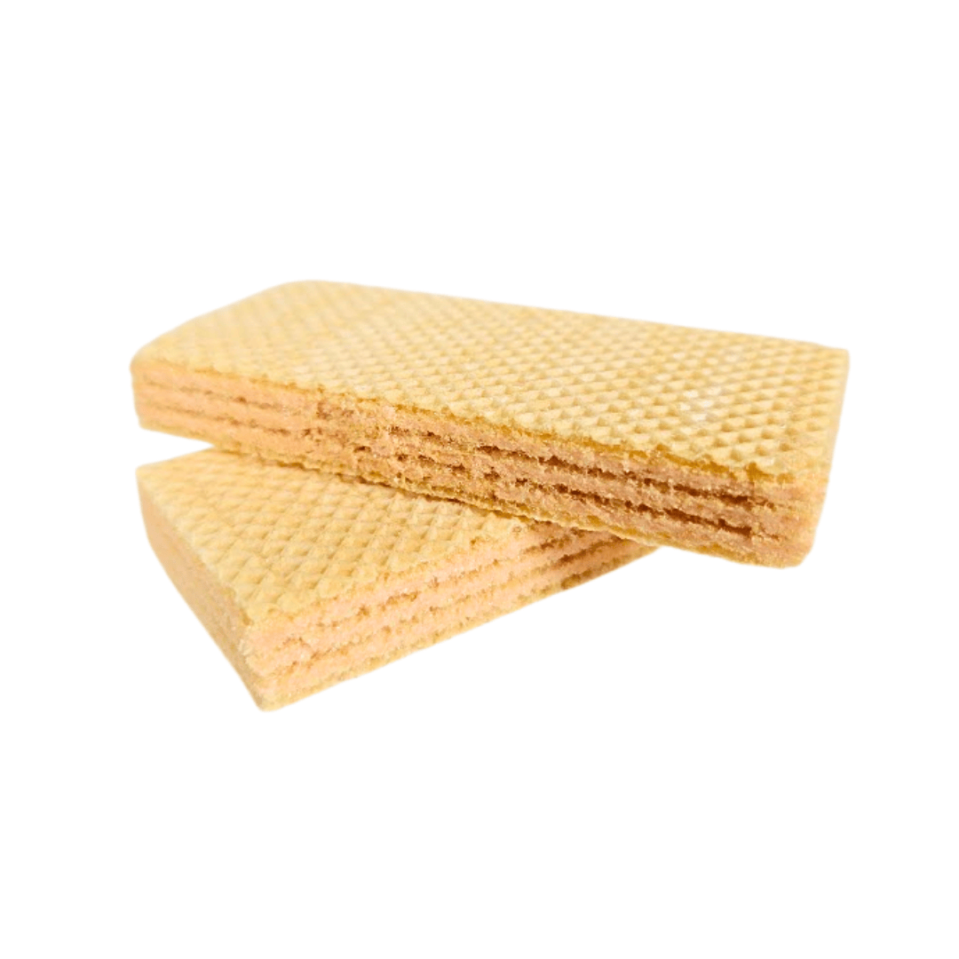 two strawberry cream wafers stacked on top of one other